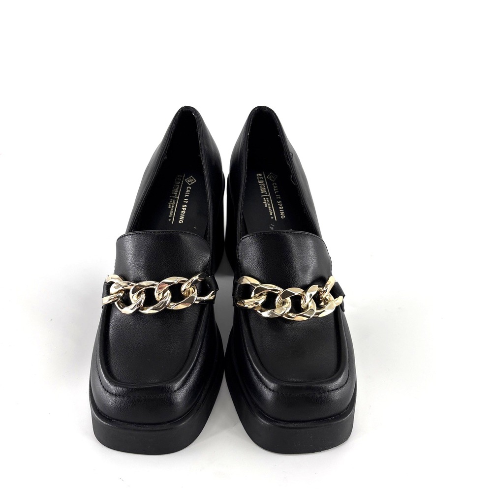Call It Spring Chunky Platform Loafers Womens 6.5 Black Gold Chain‎ Detail